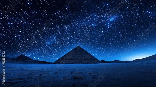 Pyramid Under Starlit Sky: A majestic pyramid stands beneath a breathtaking starlit sky, an awe-inspiring blend of ancient architecture and celestial beauty. 