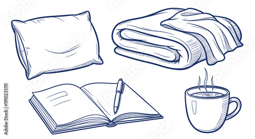 Cozy Comfort Collection - Pillow, Blanket, Journal, and Hot Drink.