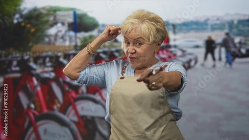 Woman points finger at camera and taps temple, apron visible beside a row of red rental bikes on street; confidence connection.
