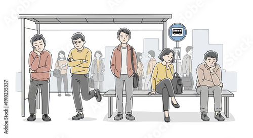 Diverse group of people waiting patiently at a bus stop.