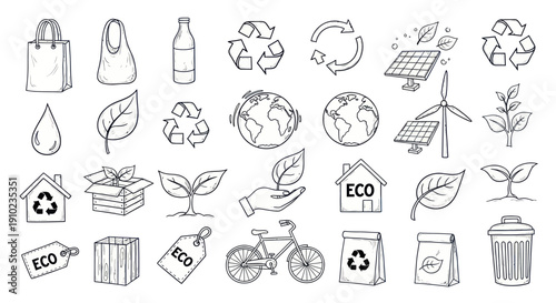 Eco Friendly Doodle Set Hand Drawn Style.