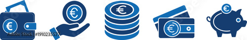 Euro currency savings and financial wallet solid icon set, money deposit banking and credit card payment symbol, investment wealth vector illustration with editable stroke.