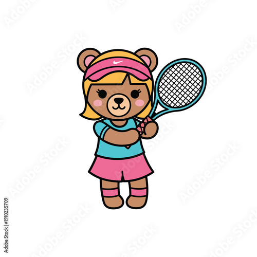 Cartoon bear character playing tennis with racket in a playful illustration