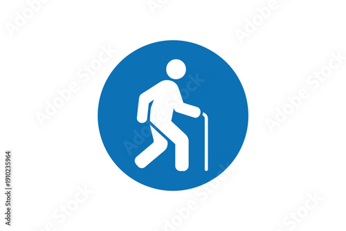 A blue and white sign indicating a walking route for pedestrians