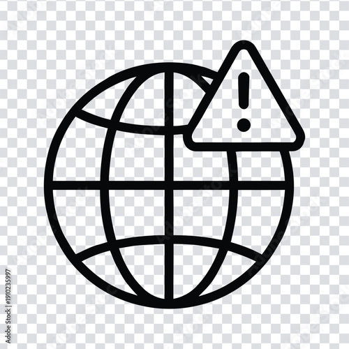 Black line drawing of a globe with warning sign