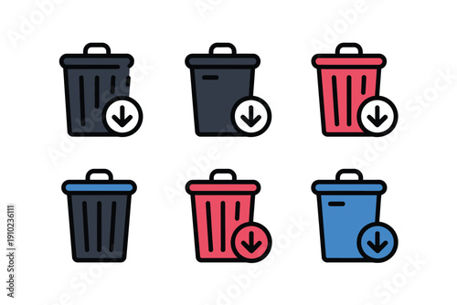 A set of colorful trash cans with download icons