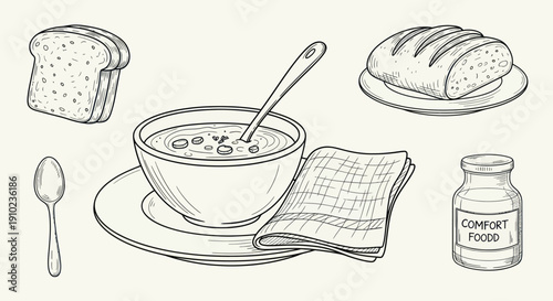 Hand drawn illustration of a comforting bowl of soup with bread and spoon.