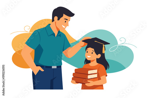Father places graduation cap on daughter holding books.