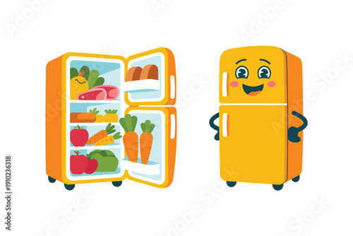 A cartoon refrigerator with food and a smiling face