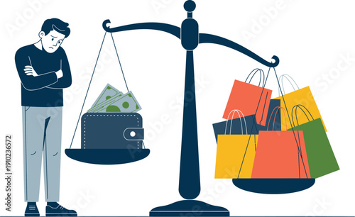 A man weighs money and shopping bags on a scale