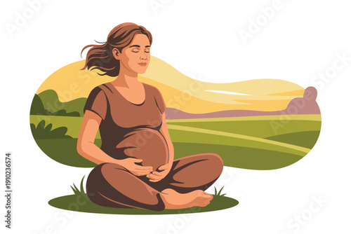 A serene pregnant woman sitting in a natural landscape at sunset