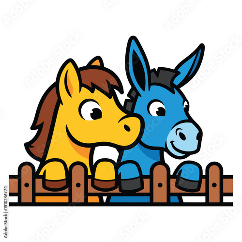 Two cartoon animals, a horse and a donkey, standing together behind a fence, illustration, farm scene, side view