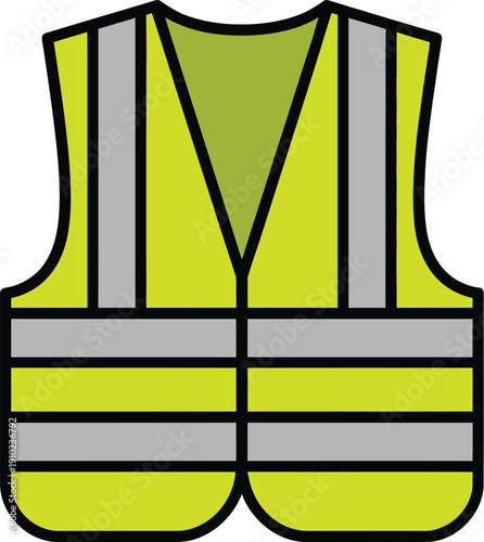A bright yellow safety vest with reflective gray stripes