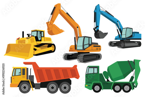 A collection of heavy construction vehicles on a white background