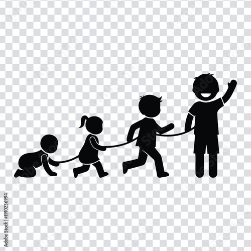 Silhouette of four children playing tug of war with a rope in a fun energetic scene