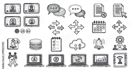 Hand-drawn doodle icons representing various digital communication and technology concepts.