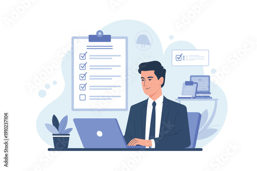 A businessman working on a laptop at his office desk