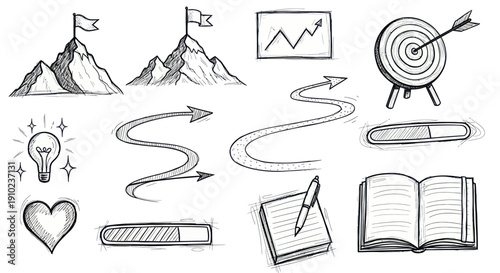 Hand-drawn doodle set of business and success concepts, including mountains, targets, lightbulbs, and progress bars.