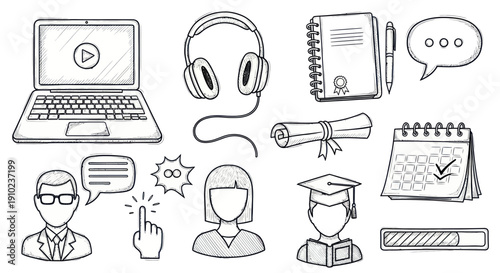 Hand-drawn doodle set of online education and e-learning elements.