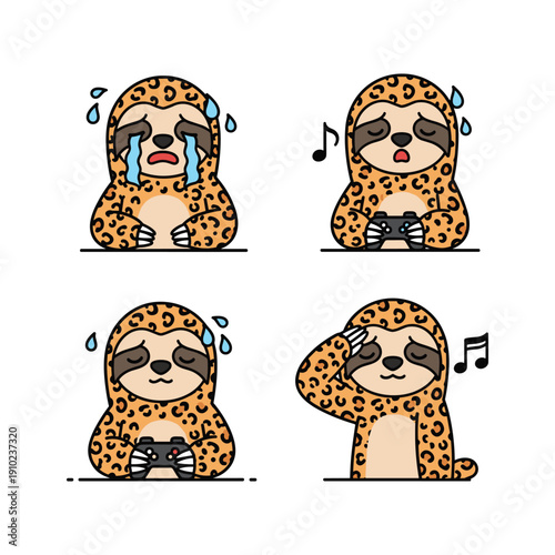 Cute cartoon sloth singing with different emotions on white background