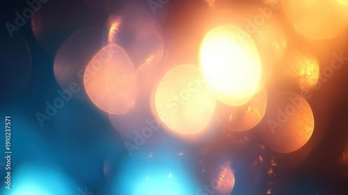 dreamy abstract bokeh of warm golden and cool blue glowing circular lights, soft blurred orbs creating a calm, shimmering background