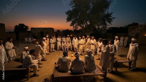 A night panchayat meeting takes place around the warm glow of lantern light, villagers and elders engaged in serious discussion.
