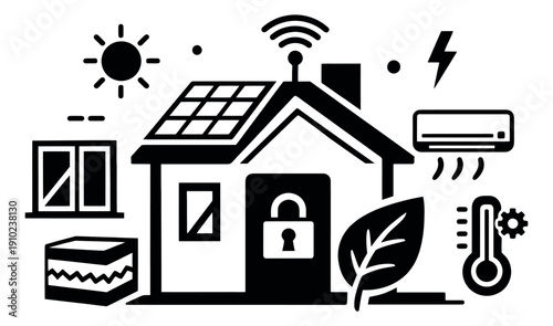 Glyph illustration of a smart home depicting energy efficiency, security, and automation for sustainable living