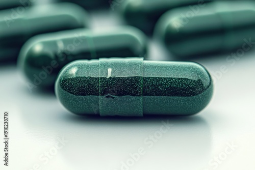 Glossy dark green glitter-filled capsules on a white surface, close-up macro with a calm sterile clinical mood