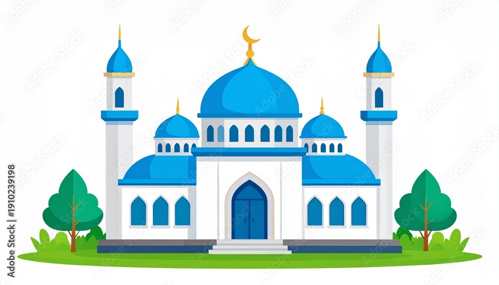 Fototapeta premium Modern white mosque with blue domes and minarets in serene landscape illustration