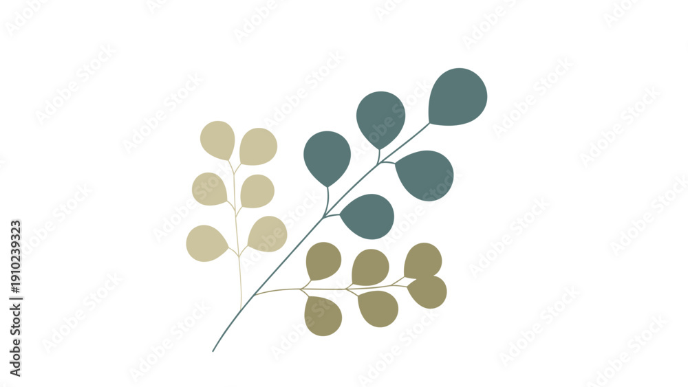 Fototapeta premium Abstract botanical illustration featuring stylized green and beige leaves arranged on a clean white background.