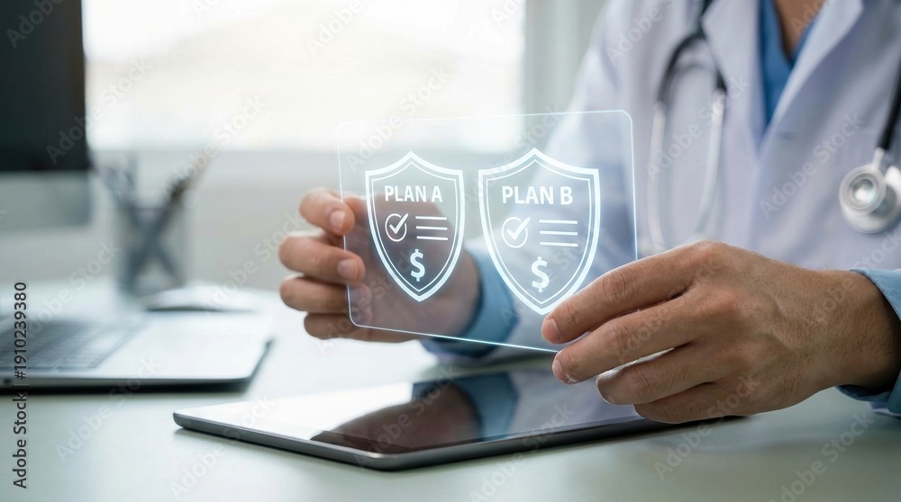 Fototapeta premium healthcare insurance, medical plan, doctor, health coverage, insurance policy, medical costs, plan comparison of options A and B using a futuristic digital display interface.