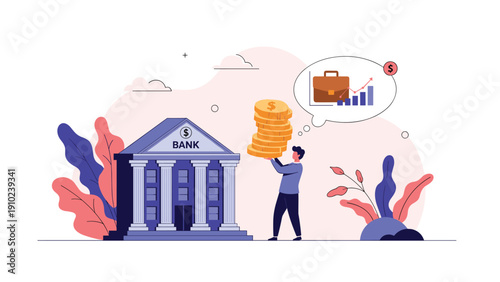 Financial concept illustration showing a man carrying a stack of gold coins towards a bank building with thoughts of growth.