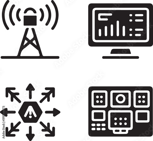 Four black and white representing technology and connectivity