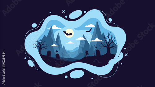 Spooky halloween scene featuring a silhouette of a wanderer in a graveyard under the full moon with bats and mountains.