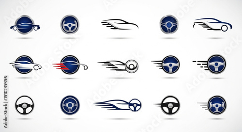 Collection of car logos and steering wheel icons with motion blur.