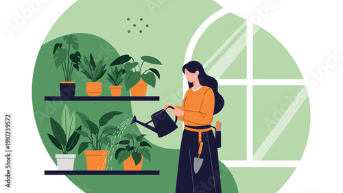 Woman wearing gardening gear watering a collection of various indoor potted plants on shelves near a large window.
