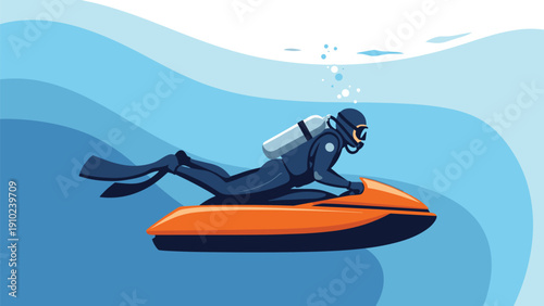 Professional scuba diver riding an orange underwater jet scooter through the deep blue ocean water with bubbles.