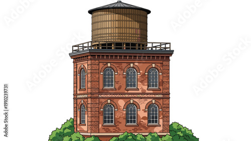Classic brick water tower building with multiple windows and a large wooden tank on top surrounded by green bushes.