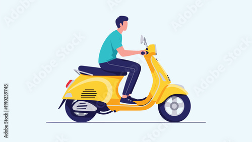Young man riding a bright yellow motor scooter down a clean street against a light blue minimalist background.