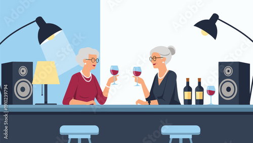 Two elegant senior women enjoying a conversation and drinking red wine together at a stylish bar with ambient lighting and speakers.