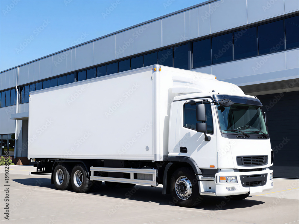 Fototapeta premium White Box Truck in Front of Modern Building