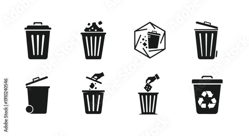 Various black silhouette icons depicting different styles of trash cans