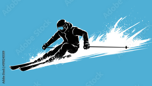 Silhouette of a skier carving down a slope with snow spray.
