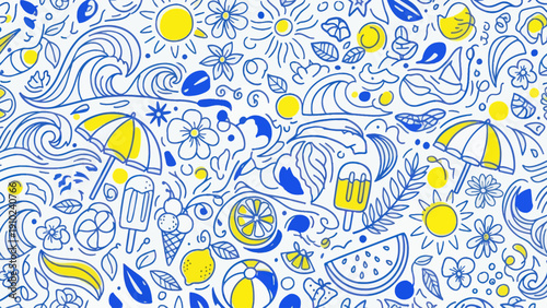 Summer beach vacation doodles with sun umbrellas and ice cream.
