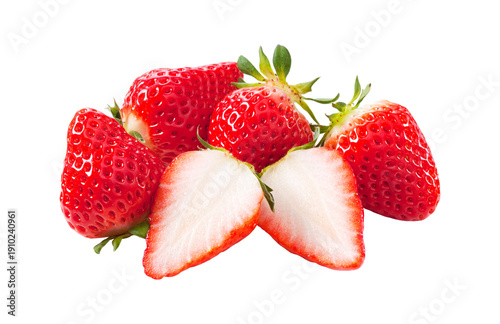 Fresh strawberries with a half-cut slice showing juicy white texture on light grey background