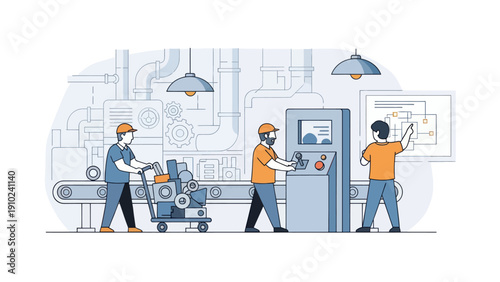 Workers managing production line in a factory setting.