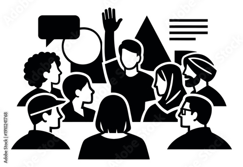 Modern iconic illustration of a diverse group depicting active communication and participation for a business meeting