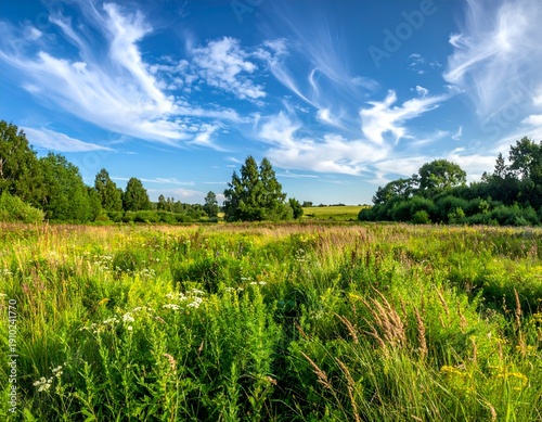 Verdant meadow under a vast, wispy-clouded blue sky
