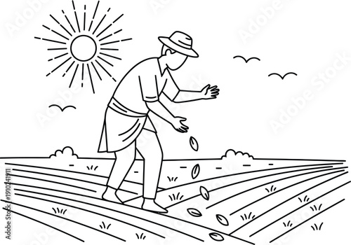 Man planting seeds in a field on a sunny day isolated on transparent background