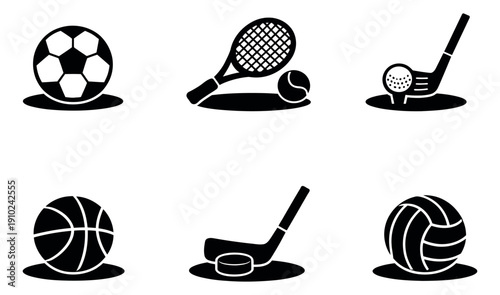 Minimalist graphic sport icons set featuring soccer, tennis, golf, basketball, hockey, and volleyball equipment for athletic activities